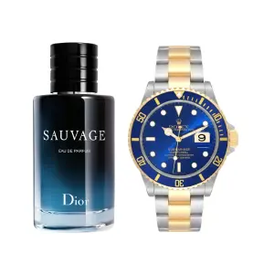 PERFUME SAUVAGE+RELOJ BICOLOR AZUL