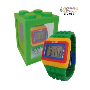RELOJ VERDE/AMARILLO TIPO LEGO ESTUCHE