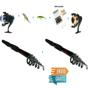 Kit de Pesca: 2 Cañas + 2 Señuelos + Caja de Anzuelos - Kit x2 cañas + 2 señuelos + caja de anzu