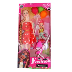 Muñeca Vestido Rojo Coche Niña Globos