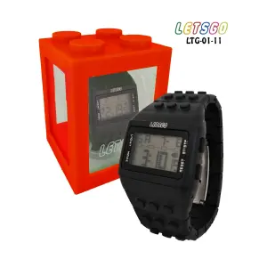 RELOJ NEGRO TIPO LEGO ESTUCHE