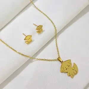 Collar Y Aretes Gato Acero Inoxidable