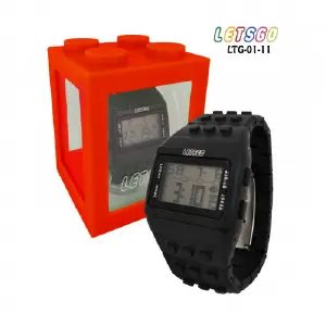 RELOJ NEGRO TIPO LEGO ESTUCHE