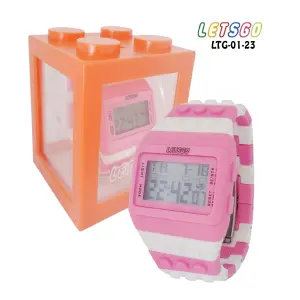 RELOJ ROSA/BLANCO TIPO LEGO ESTUCHE