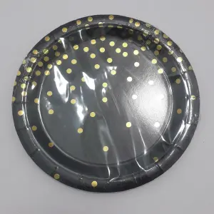 PLATO NEGRO PUNTOS DORADO 23CM
