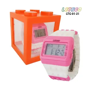 RELOJ BLANCO/ROSA TIPO LEGO ESTUCHE