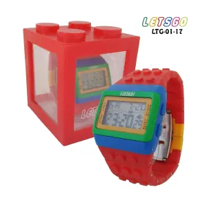 RELOJ ROJO/AZUL TIPO LEGO ESTUCHE