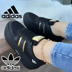 Tenis Adidas 2 Lineas Negro Dorado Dama