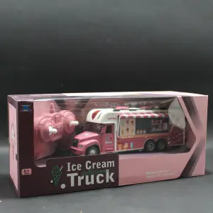 Camion de helados rosado a control con