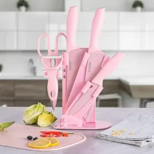 Set X7 Utensilios Cuchillos Cocina Rosa
