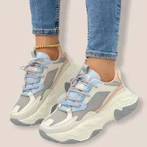 Tenis Beige Azul Gris Suela Alta