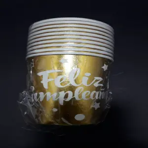 VASO  X 10 DORADO  BLANCO FELIZ CUNPLEA