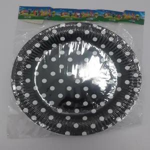 PLATO CARTON NEGRO PUNTOS  BLACOS  BOLS