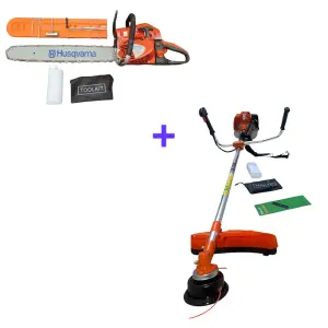 Guadaña naranja y motosierra 555