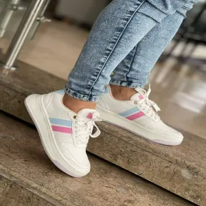 Tenis Dama Blancos con Linea Rosa y Azul