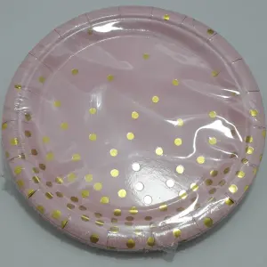 PLATO ROSADO PUNTOS DORADO 18CM X 10 UN