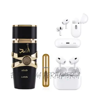 Dos airpods+lataffa asad+perfumero