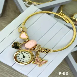 P-53 RELOJ PULSERA DORAD ROSA MARIPOSA
