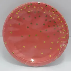 PLATO ROSADO FRESA  PUNTOS DORADOS 18CM