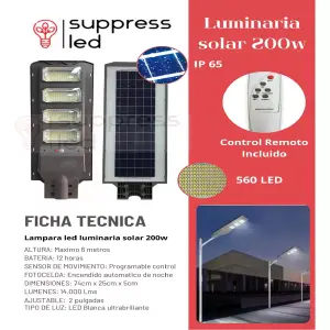 Lampara solar 200w control y sensor