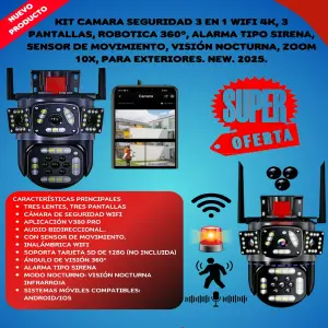 CAMARA DE SEGURIDAD DE 3 PANTALLAS CON SIRENA: ¡Protección Integral para su Hogar! - CAMARA SEGURIDAD 3 PANTALLAS SIRENA GRIS
