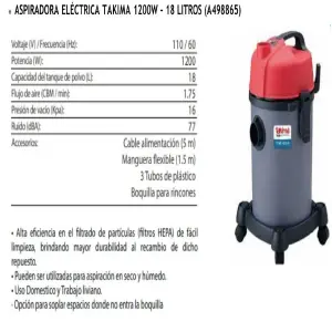 Aspiradora Eléctrica Takima X: Potencia y Versatilidad para tu Hogar - ASPIRADORA ELECTRICA TAKIMA X 18 LITROS