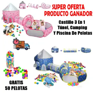 CASTILLO_TUNEL_50_PELOTAS_3PC-TENT: ¡El Mundo de Diversión 3 en 1 para tu Pequeño! - CASTILLO TUNEL + 50 PELOTAS 3 PCS COLORS