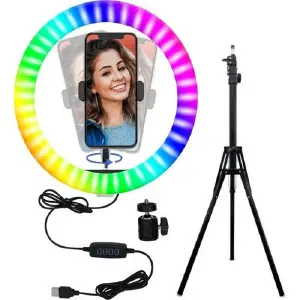 Aro de Luz LED RGB 26 cm con Trípode Profesional - Aro Luz Rgb Led 26 Cm + Tripode 1 soport