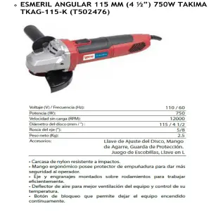 ESMERIL ANGULAR TAKI: Potencia y Precisión en tus Manos - ESMERIL ANGULAR 115 MM - 750W MARCA TAKI